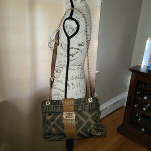 Authentic Fendi Tobacco Zucca Canvas and Leather Maxi Baguette Flap Shoulder Bag